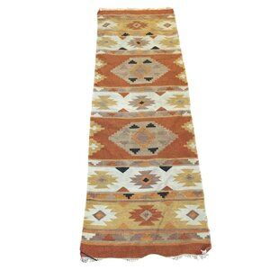 Handwoven Southwestern Pattern Rug Runner 93 X 30 Wool & Cotton Yellow Rust Gold